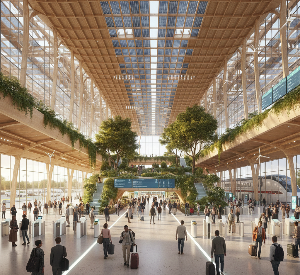 Future vision of a next-generation airport terminal with integrated passenger flow, retail, and sustainability